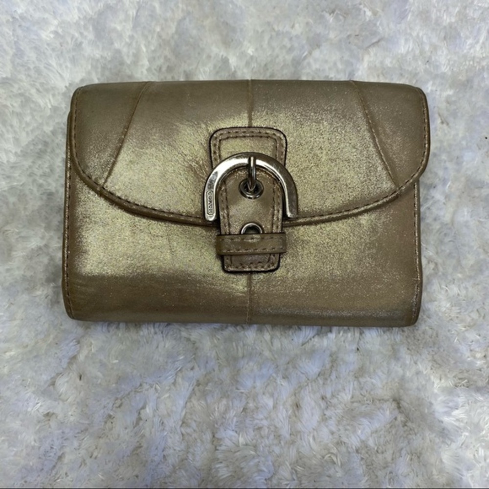 Coach Wallet Trifold Metallic Gold Beige Satin Buckle
